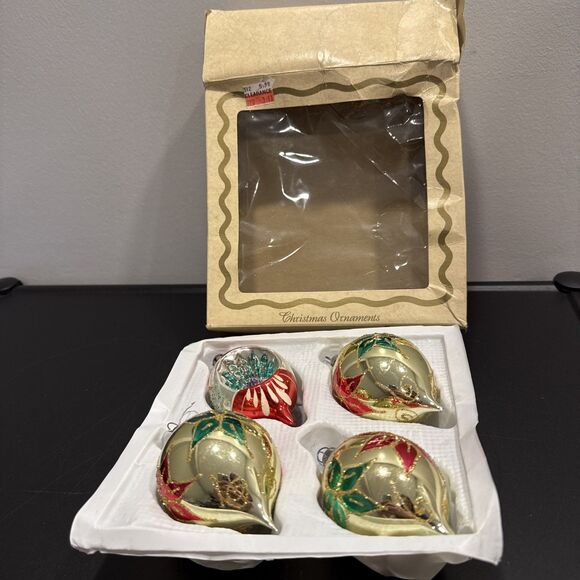 Vintage Glass Indent Glitter Christmas Tree Ornaments w/Box 4 - Picture 1 of 13